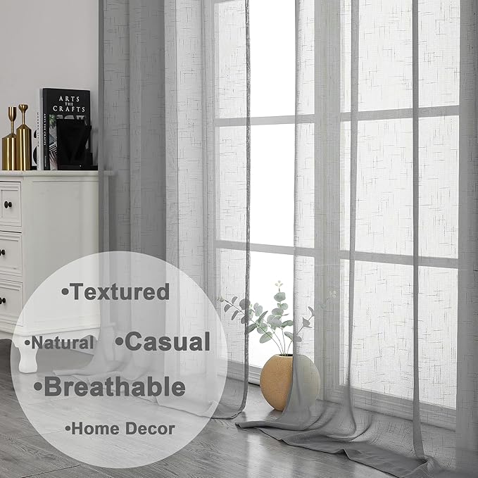 Aiyufeng Gray Faux Linen Sheer Curtains 96 Inches Long 2 Panels, Light Filtering Textured Soft Rod Pocket Window Curtain Panels for Farmhouse Living Room Bedroom, Each 40Wx96L Inch, Grey