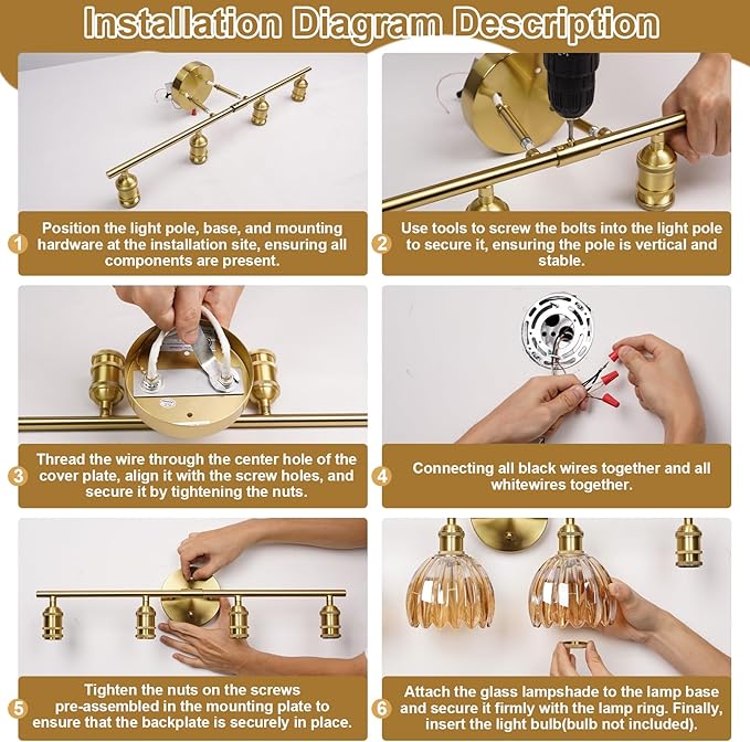 Vintage Bathroom Light Fixtures,4-Light Hardwired Vanity Lights Over Mirror,Gold Wall Sconces with Amber Tulip Glass Shade for Bathroom Living Room,E26 Socket(Bulbs Not Included)