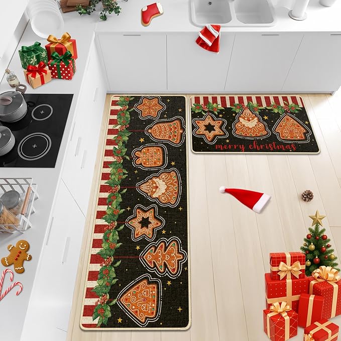 Christmas Gingerbread Kitchen Rugs and Mats Non Skid Washable Set of 2, Peppermint Candy Cookies Xmas Kitchen Mats for Floor Decor
