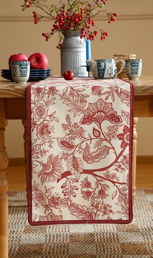 ISAENNE Designer Chinoiserie Elegant Linen Table Runner 102 Inches Long,Red Floral Pattern Decor Table Runners for Thanksgiving,Dining Room,Banquet,Kitchen Tables,Christmas,12"*102"-Ruyi A