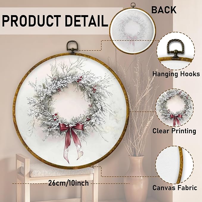 QZQE Vintage Christmas Wreath Round Wall Art Decor Framed, Winter Snowy Country Circle Canvas Prints, Cozy Xmas Winter Holiday Circular Wall Hanging Decor for Home Bedroom Living Room, 10x10 Inch