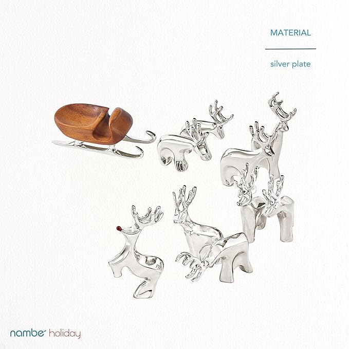 Nambé Red-Nosed Reindeer Holiday Sculpture – Christmas Tabletop Figurine by Alvaro Uribe, Polished Alloy Display for Mantel, Pairs with Sleigh and Reindeer Sets, 9.5” Tall Collectible Decor