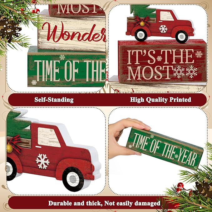 4 Pcs Christmas Decor Wooden Red Truck Winter Tiered Tray Decor Rustic Merry Christmas Table Centerpiece Wood Red Truck Block Sign Gift Farmhouse for Home Kitchen Tabletop Office Shelf