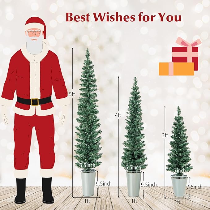 GOFLAME Set of 3 Potted Christmas Tree, 3’ 4’ 5’ Slim Pencil Trees with 120, 140, 160 Branch Tips & Cement-Filled Metal Bases, Artificial Entrance Xmas Trees for Porch, Front Door, Entryway