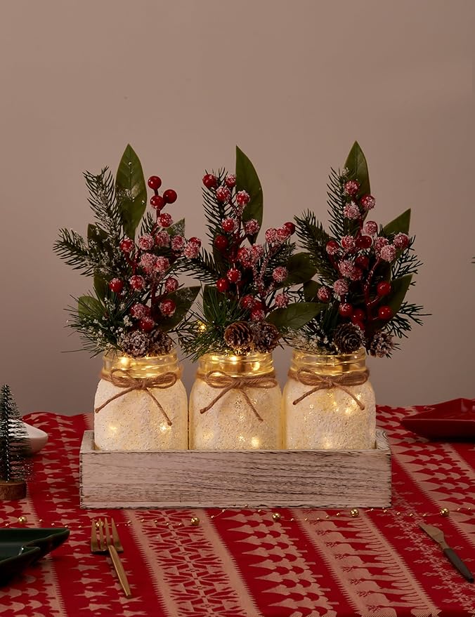 Christmas Centerpieces for Tables, Table Decor with Mason Jar, Flowers Picks, Farmhouse Wood Tray, Christmas Winter Table Decorations Centerpieces, Xmas Holiday, Kitchen, Room, Dining Decor