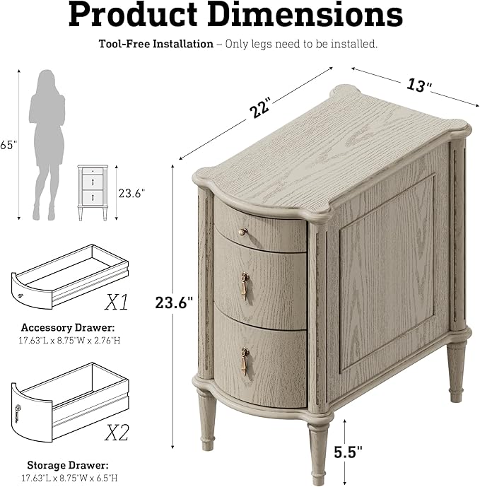 STO'SENSE Nightstand Set of 2 w/Charging Station & 3 Drawers, Pre-Assembled, Vintage Side Table w/Antique-Finished Pulls, Rustic Wood Finish, Narrow End Table w/Turned Legs for Bedroom, Antique Grey