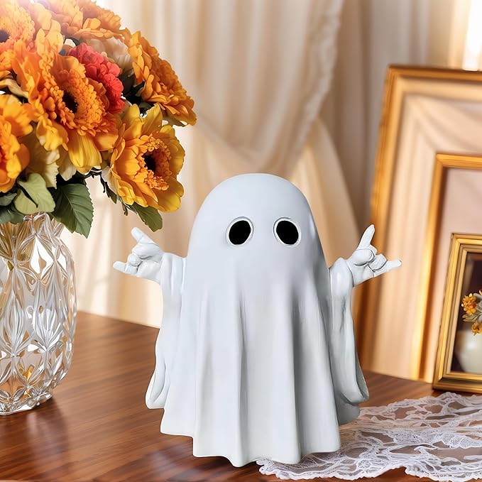 Halloween Funny Ghost Figurine with Rock Hand– Glossy Resin Halloween Ghost Decor, Spooky Home Decorations for Music Lovers, Gothic Desk Ornament, Novelty Rock and Roll Gift
