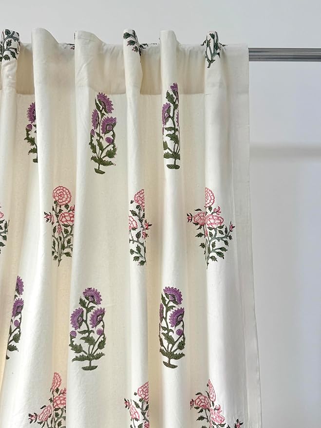 ATOSII 100% Cotton Single Panel Block Print Curtain, Easy Hanging with Rod Pocket & Loop, Living Room, Dining Room, Bedroom Light Filtering Boho Curtains, Set of 1, 60" W X 96" L, Phool