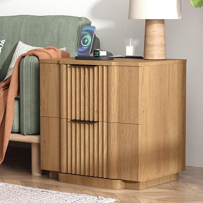 Yechen Fluted Nightstand with 20W Fast Charging Station - Modern Farmhouse Wood Night Stand with 2 Storage Drawers, Large Wide Bedside End Table for Bedroom with Curved Profile Base, Natural Oak