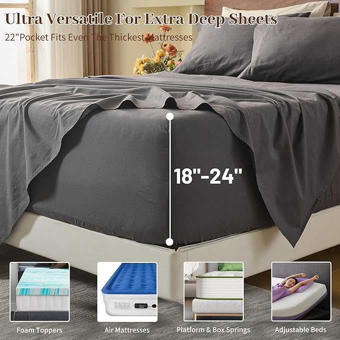 MEISHANG 100% French Pure Linen Sheets Cal King Size - 6 PC Extra Deep Pocket Sheet Set, Soft Durable Flax Linen, Anti-Tear Breathable & Oeko-Tex Certified 18-24 Deep Pocket,All Season(Dark Grey)