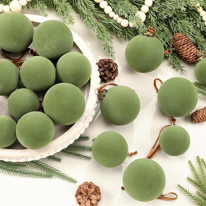 36 Pcs Velvet Christmas Balls Bulk - Flocked Christmas Tree Ball Ornaments Hanging Decoration for Xmas Tree, Wreath, Home or Party Decorations, 2.36", 2.76", 3.15" (Green)