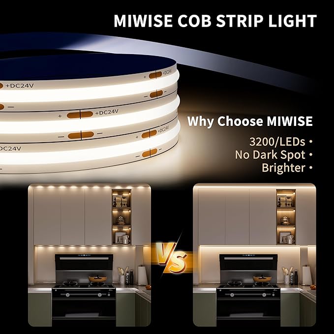 MIWISE COB LED Strip Light 32.8ft/10m,CRI 90+ Natural White 4000K High Lumen Dimmable Super Bright Flexible DC24V LED Tape Light with Controller/Dimmer,for Cabinet Home Office DIY Lighting Projects