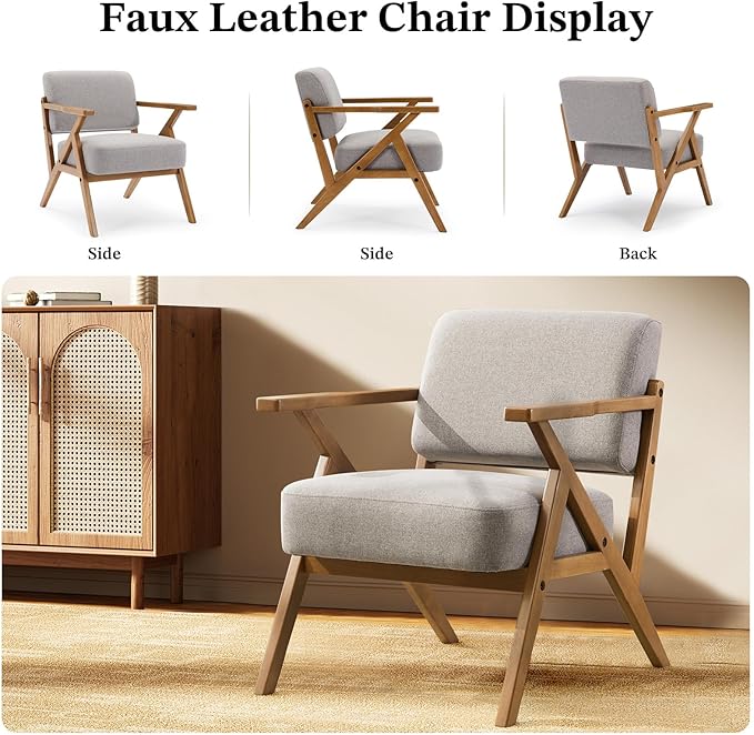 Mid Century Modern Chair Grey Accent Chair Upholstered Armchair with Solid Wood Frame Comfy Reading Nook Chair Lounge Chairs for Living Room Bedroom, Linen