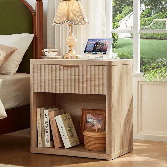 LEYAOYAO Fluted Nightstand with Charging Station, 23" Wide 1 Drawers End Table,Natural Night Stand with Open Storage Cabinet, Farmhouse Bed Side Tables, Wood Dresser for Bedroom, Living Room, Closet