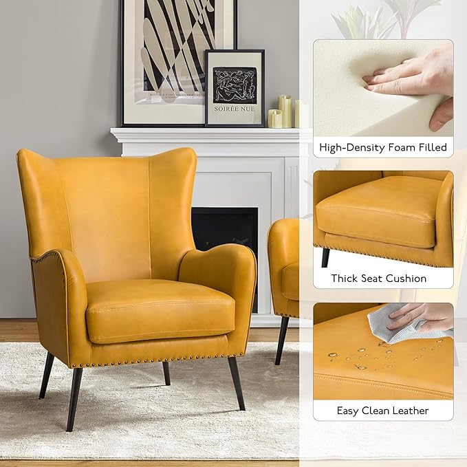 HULALA Home Faux Leather Accent Chair Set of 2 w/Removable Cushion, Comfy Upholstered Armchair with Metal Legs & Nailhead Trim Wingback Vanity Chair Desk Chair for Reading Living Room Bedroom, Yellow