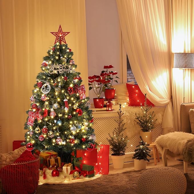 4.5ft Green Christmas Tree, Pre-Lit Artificial Potted Xmas Tree with 300 Led Lights, 8 Lighting Modes, Antique Urn Base Design, Dense Branch Realistic Home Party Decoration w/Easy Assembly,2 PCS