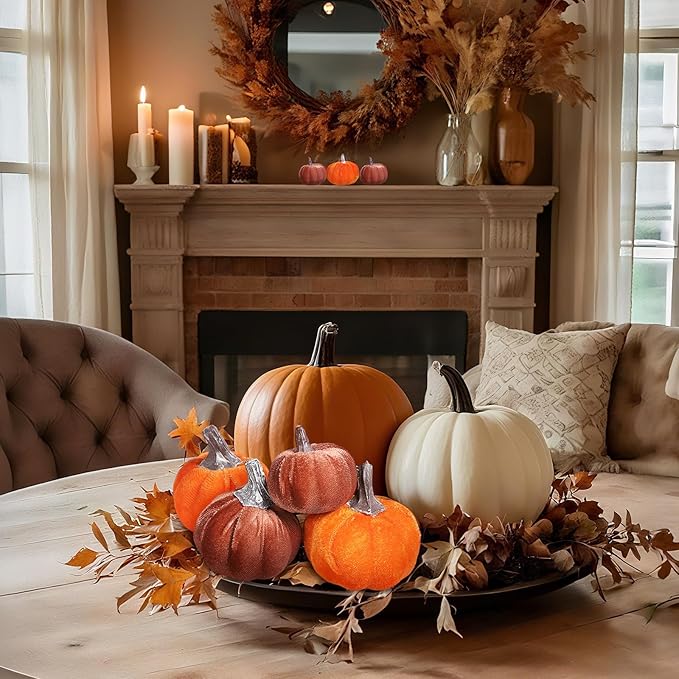 12pcs Velvet Fake Pumpkins Fall Decor Faux Small Foam Fabric Pumpkin for Autumn Table Centerpiece Party Farmhouse Harvest Thanksgiving (Orange/Desert Tan)