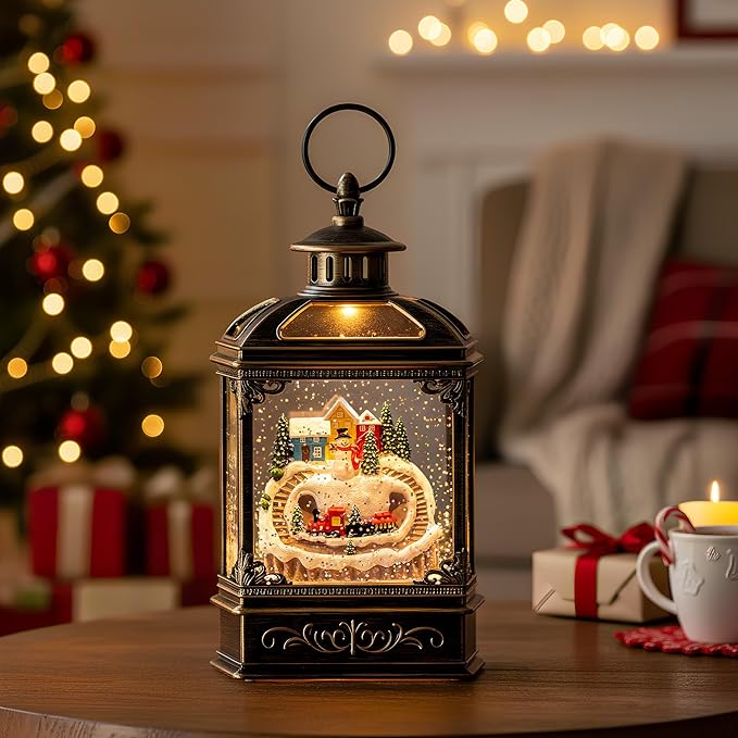 Christmas Village Snow Globe Lantern Musical Lighted Mountain Village Snowman & Train Water Lantern in Swirling Glitter, Christmas Home Decoration and Gift, Battery Operated or USB Powered