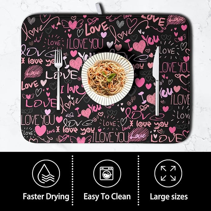 Mother's Day Dish Drying Mat for Kitchen Counter Love Heart Black Drying Mats Absorbent Reversible Microfiber Dish Pad Washable Dish Draining Mat Extra Large 16x18 inch