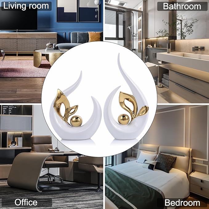 13" H White Gold Abstract Sculptures Home Decor, Ceramic Art Statue Cool Stuff to Put on Shelves&tv Stand Decor, Gold Accent Entertainment Center, for Fireplace Coffee Table Dining Table Decorate