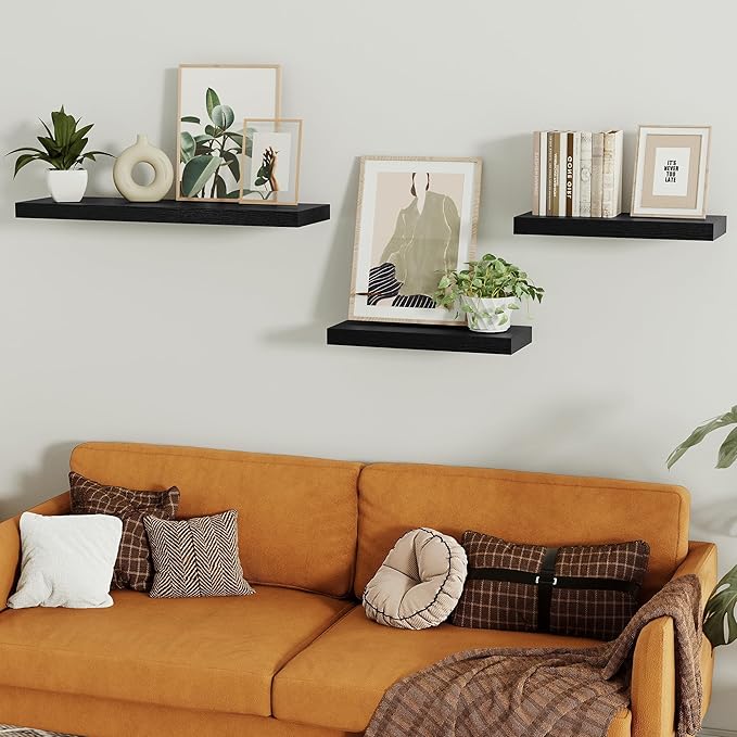 Vivelove Black Floating Shelves for Wall, 16 inchs x 6.7” deep x 1.4” Wall Shelf for Bathroom Bedroom, Living Room, Kitchen, Office Home Decor, Narrow Wood Shelves with Invisible Brackets Set of 2