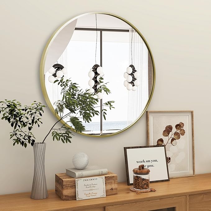 Large Round Gold Mirror 36 inch, Matte Gold Circle Mirror for Wall, Bathroom, Living Room, Hallway -Metal Framed Circular Decor