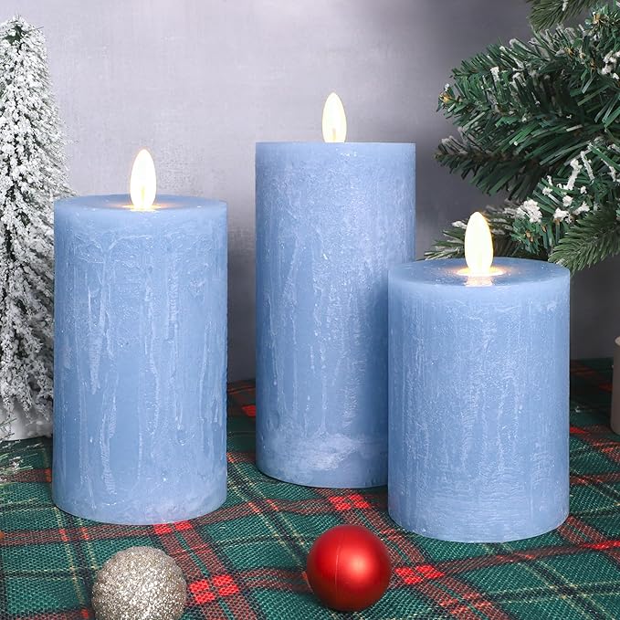 Rustic Blue Flameless Candles with Remote Control & Timer Function Real Wax Ocean Pillar LED Candles Rough Texture Design Battery Candles for Home Party Wedding Christmas Nautical Decor Set of 3