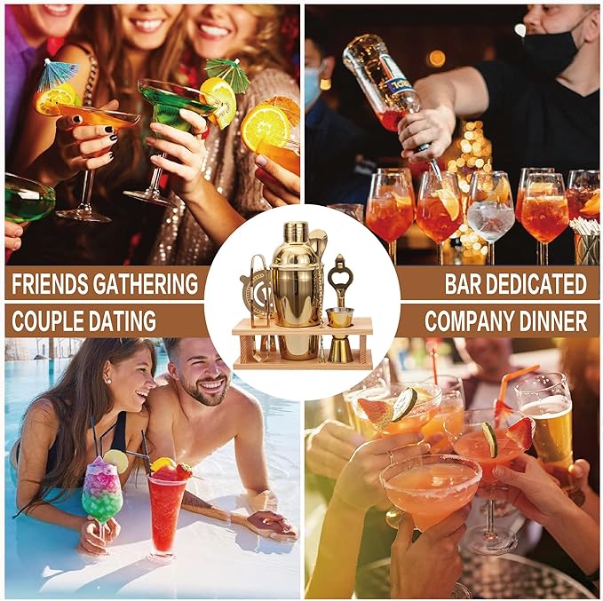 Cocktail Shaker Set Stainless Steel Bartending Kit 18.6oz Cocktail Bar Set Cocktail Mix Drink Making Kit Professional Bar and Home Drink Bar Tools for Bartender (Gold, 7Pcs)