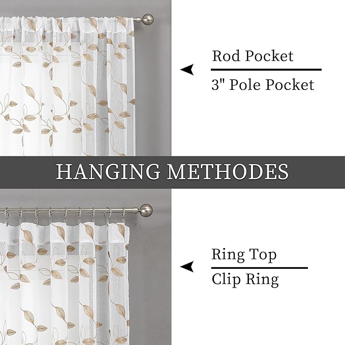 Tollpiz Taupe Leaf Sheer Curtains Leaves Embroidered Living Room Short Curtain Rod Pocket Voile Window Treatments for Bedroom, 54 x 45 inches Long, Set of 2 Panels