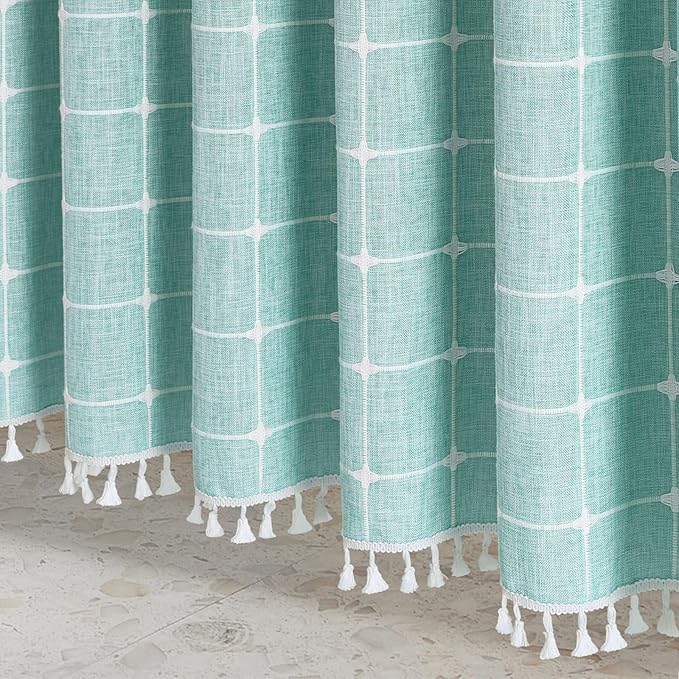 MitoVilla 72 x 84 Teal Blue Boho Extra Long Shower Curtain, Turquoise Farmhouse 84 inch XL Polyester Linen Texture Tassel Fabric Shower Curtain Set with Hooks for Cottagecore Country Bathroom Decor