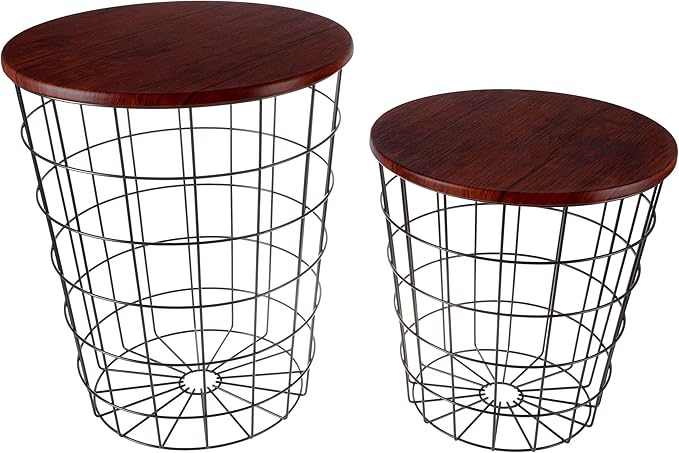 End Tables Set of 2 - Nesting Tables with Removable Wood Tops and Metal Wire Baskets for Blanket Storage - Round Side Furniture for Living Room, Bedroom, or Home Office by Lavish Home (Cherry/Black)