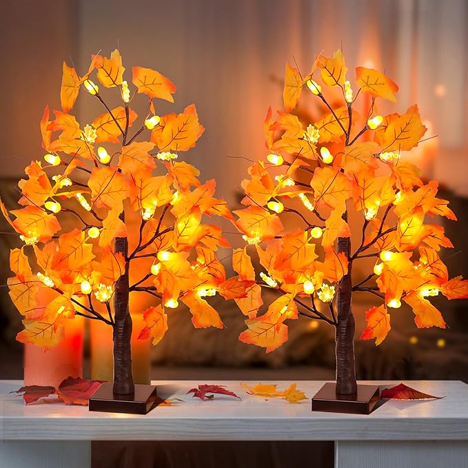 2 Pack 24 Inch Prelit Fall Maple Tree Fall Thanksgiving Decorations with 48 LEDs Battery Operated Timer Lighted Acorn Maple Artificial Tabletop Light Up Tree for Home Indoor Thanksgiving Table Decor
