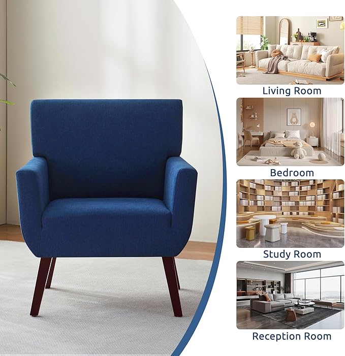 Upholstered Accent Chair,Mid Century Modern Office Fabric Small Living Room Chair with Arm,Comfy Wingback Armchair for Bedroom Reading Dark Blue