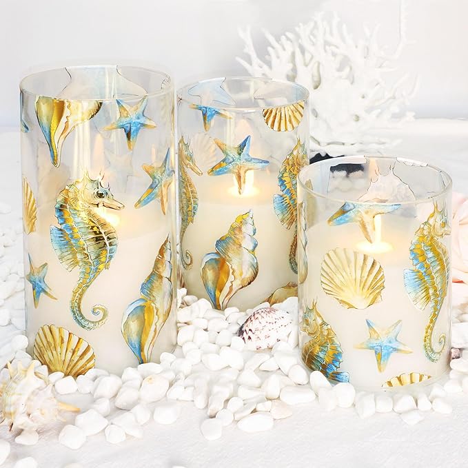 Flameless Candles x3 with Set Remote Christmas Bronzing Glass Golden Seahorse Shell Starfish Ocean Timer 24hrs-Cycled Home Decor Gift Wedding Party Room Table Centerpieces