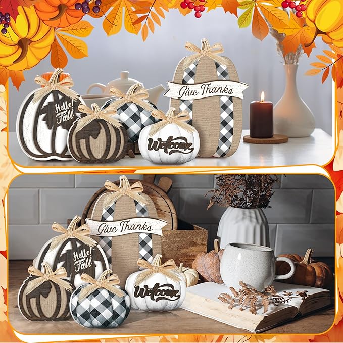 5 Pcs Fall Pumpkin Decor for Home Thanksgiving Plaid Wooden Table Centerpiece Decorations Fall Wooden Pumpkin Signs for Autumn Farmhouse Home Living Room Kitchen Mantle Tabletop Supplies