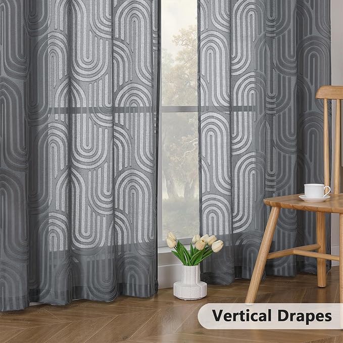 Simplebrand Charcoal Grey Sheer Curtains 45 Inch Length 2 Panels, Geometric Mid Century Jacquard Clip Textured Short Curtains for Bedroom, Light Filtering Rod Pocket Curtains, 42Wx45L Inches