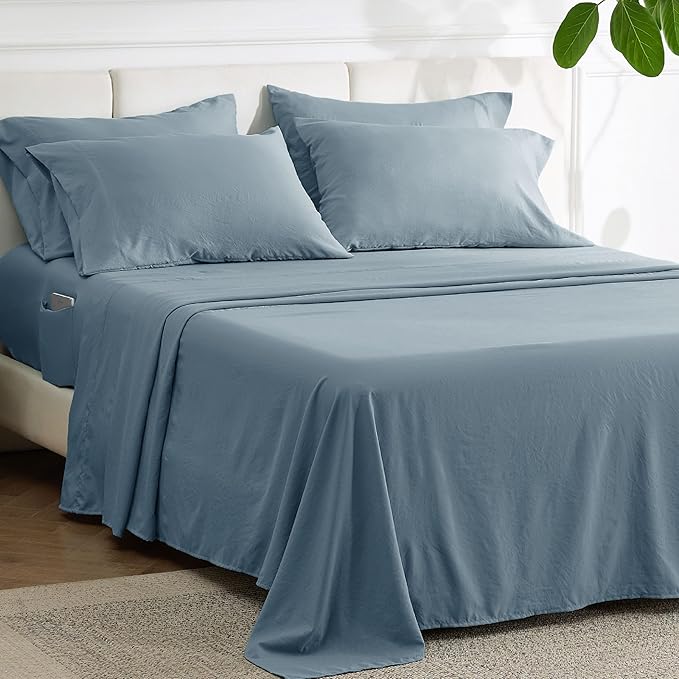 Bedsure Deep Pocket King Sheet Set - 6 Piece, Prewashed Ultra-Soft King Size Sheets Set, Fits Mattresses Up to 18 Inches Thick, Breathable & Secure Fit, Hotel Luxury Bedding, Mineral Blue
