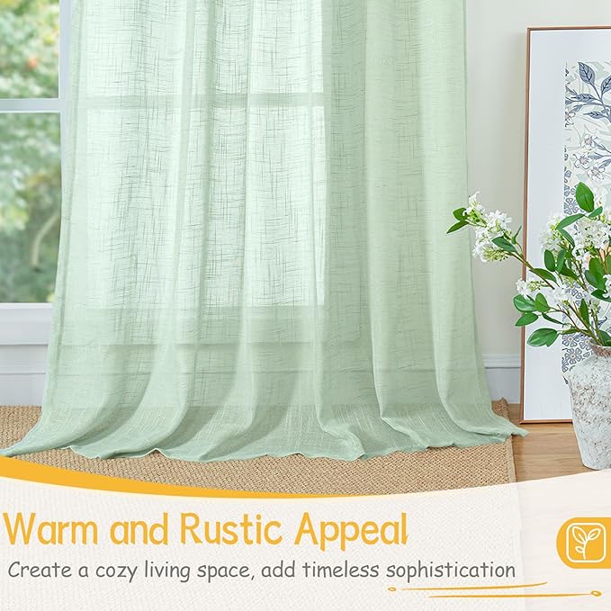 YoungsTex Sage Green Linen Curtains 40 Inch Length for Kitchen Window, Semi Sheer Drapes with Rod Pocket Back Tab Short Rustic Light Filtering for Cafe Bathroom Window, 2 Panels, 42 X 40 Inch