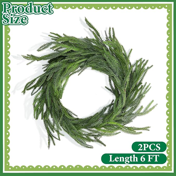 2 Pcs Christmas Norfolk Pine Garland, 6 Ft Dense Norfolk Pine Realistic Touch Garland, Artificial Pines Greenery Garlands for Christmas Holiday Mantle Fireplace Table Home Decor