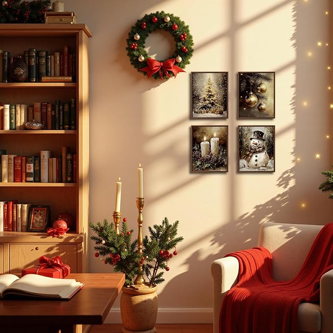 DOFQZ Vintage Christmas Wall Art Prints Set of 4, Farmhouse Christmas Decor, Moody Rustic Xmas Tree Gold Bauble Ball Candle Snowman Posters for Home Living Room Decor, 8x10 Unframed