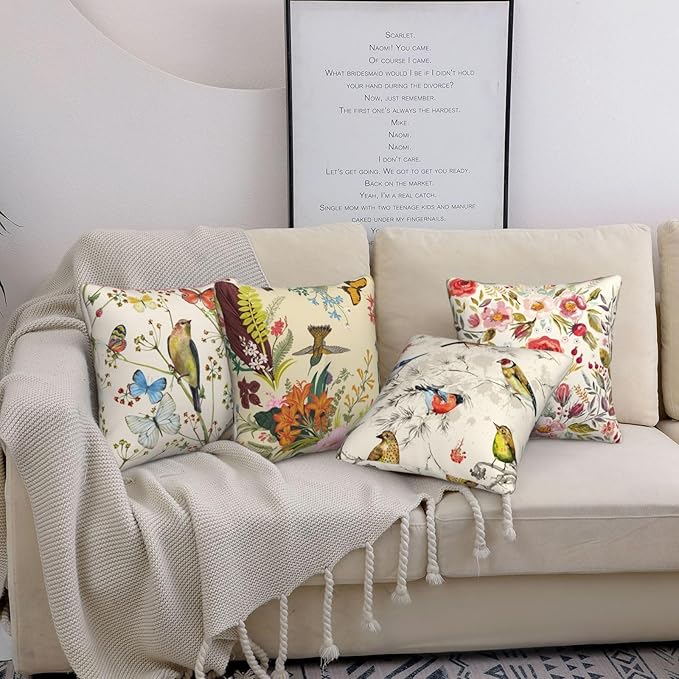 Flowers Birds Decorative Throw Pillowcases Set of 4 Pillow Covers 18x18 Inch, Spring Cushion Case Sofa Throw Pillows Cover Garden Pillow Covers for Couch Living Room Bed Indoors Home Decor