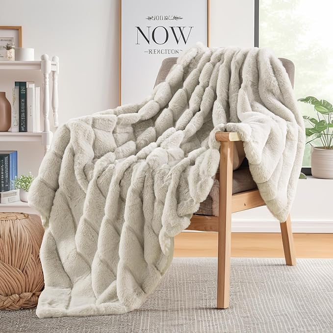 NEXHOME PRO Faux Fur Throw Blanket, Cozy Fluffy Soft Blanket or Couch Sofa Bed Living Room Decorative, Reversible Puffy Thick Warm Blanket for Winter 50"X60" Beige