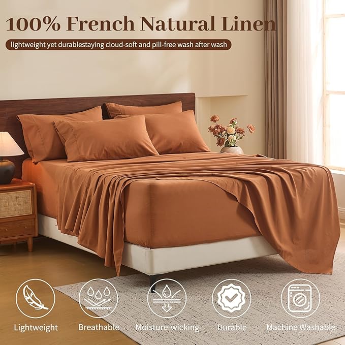 MEISHANG 100% French Pure Linen Sheets Queen Size - Extra Deep Pocket Sheet Set, Soft Durable Flax Linen, Anti-Tear Breathable & Oeko-Tex Certified 18-24 Deep Pocket,All Season(Brown)