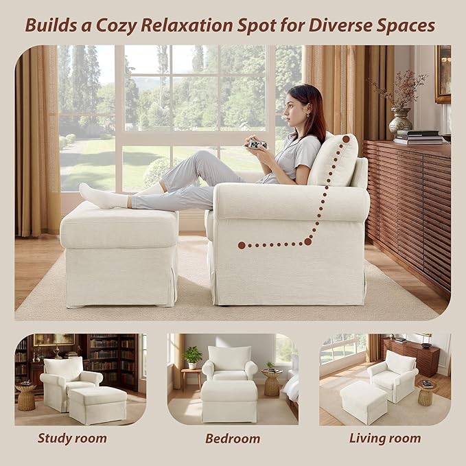 Modern Living Room Chairs with Ottoman, Comfy Chenille Reading Armchair with Rolled Arms and Cushion Backrest, 35.8" W Oversized Chaise Lounge Chair for Bedroom, Study, Apartment, Beige