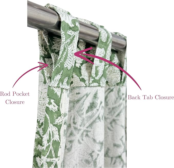 ATOSII 100% Cotton Single Panel Floral Block Print Curtain, Easy Hanging with Rod Pocket & Loop, Living Room, Dining Room, Bedroom Light Filtering Boho Curtains, Set of 1, 60" W X 84" L, Meraki Green