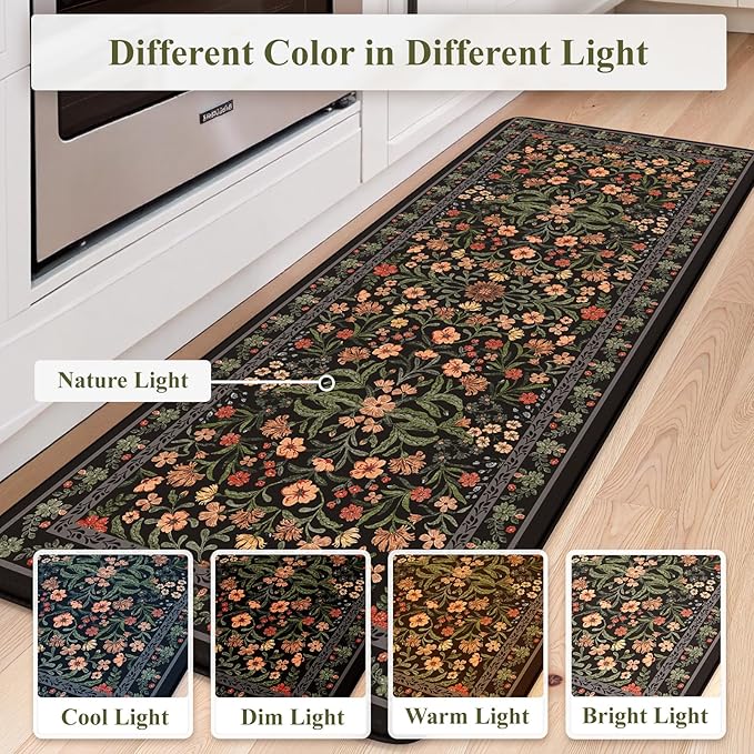 Collive Anti Fatigue Mat for Kitchen Floor, Waterproof Cushioned Sink Mats Non Slip Floral Kitchen Rugs Set of 2, Black Comfort Modern Standing Rug for Office, Laundry, Desk, 17"x30"+17"x47"