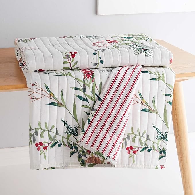 Levtex Home - Winterberry Forest Christmas Throw - Green, Red, Grey and Cream - Holiday Quilted Throw Size 50x60in. - Cotton/Polyester
