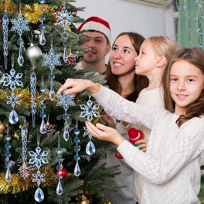 32pcs Crystal Christmas Ornaments for Christmas Tree Decorations-Blue Hanging Acrylic Snowflake and Icicle Ornaments with Drop Pendants for Xmas Winter Wonderland New Year Party Decorations Supplies