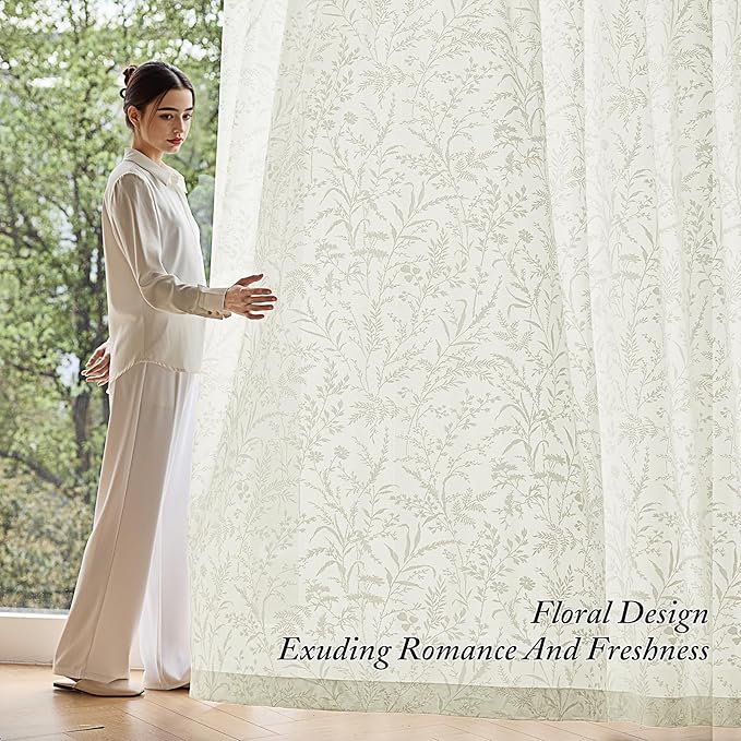 Anmao Cream Semi Sheer Light Filtering Curtains 54 Inches Long 2 Panels, Leaf Pattern Drapes for Living Room Bedroom, Rod Pocket Privacy Window Treatments with Floral Design, 52x54 Inch, Ivory