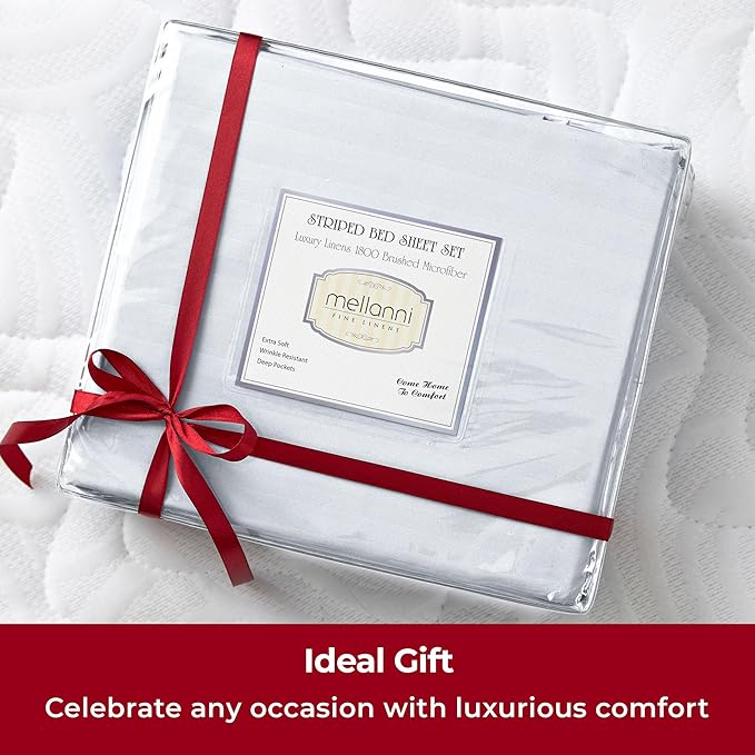 Mellanni Twin XL Sheets Set - 3 PC Iconic Collection Bedding - Hotel Luxury, Extra Soft, Cooling Bed Sheets - Wrinkle, Fade, Stain Resistant (Twin Extra Long, Striped White)